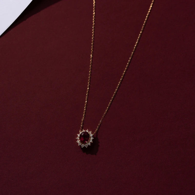 Metiseko 925 Sterling Silver Ruby Colour Chain Necklace Garnet Red Cubic Zirconia Retro Style Necklace Waterproof for Women