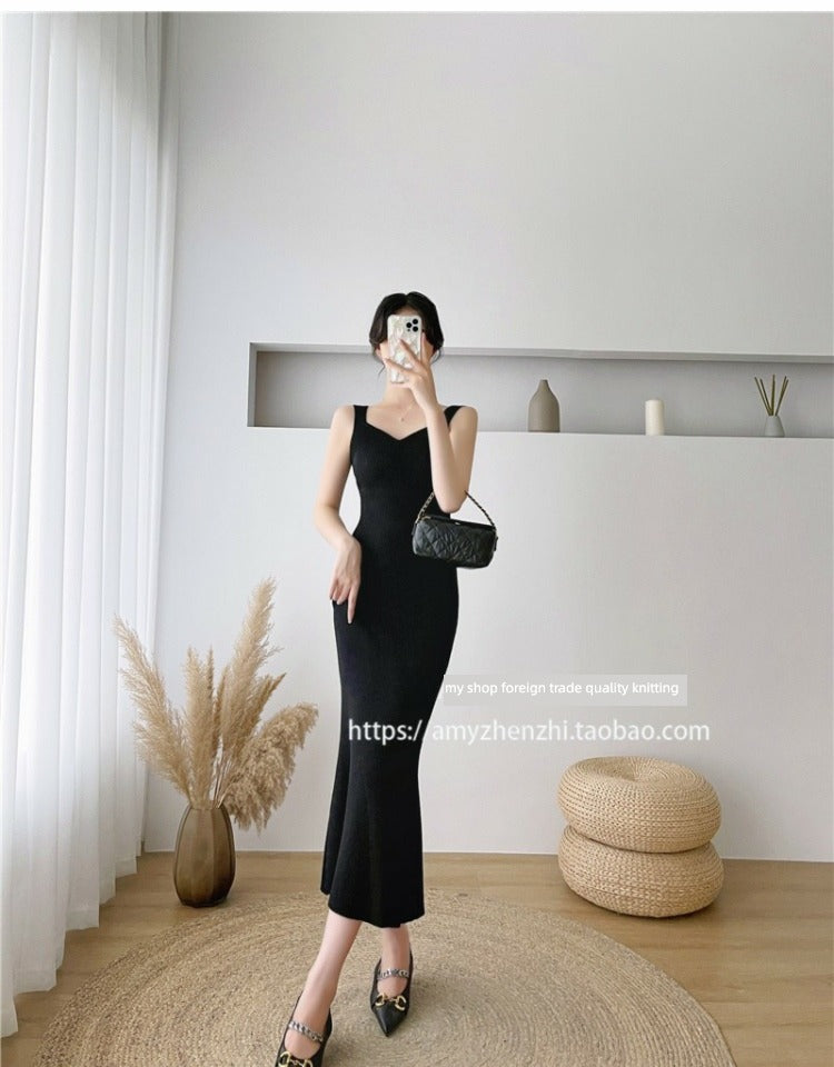 Autumn and Winter V-neck Slim-Fit Sleeveless Sling Fishtail Dress Sweater