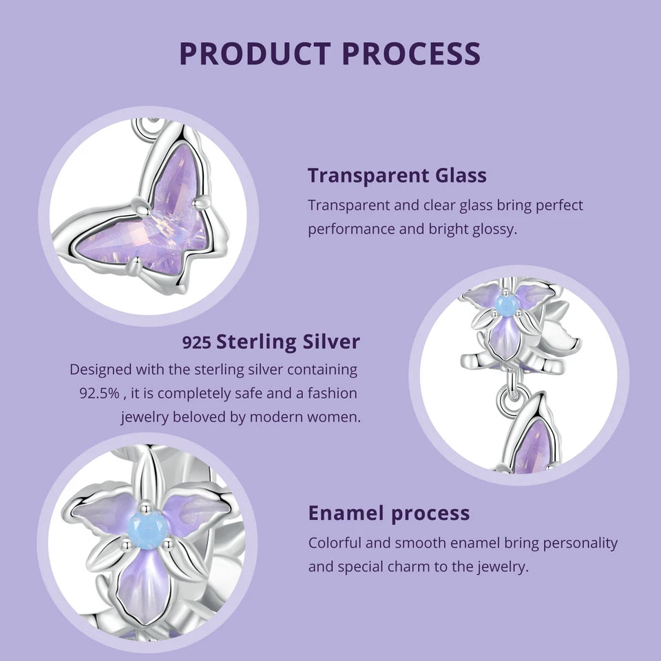 Bamoer 100% 925 Sterling Silver Romantic Crystal Butterfly Iris Charm For Women Fit Bracelet DIY Necklace Fine Jewelry Gift