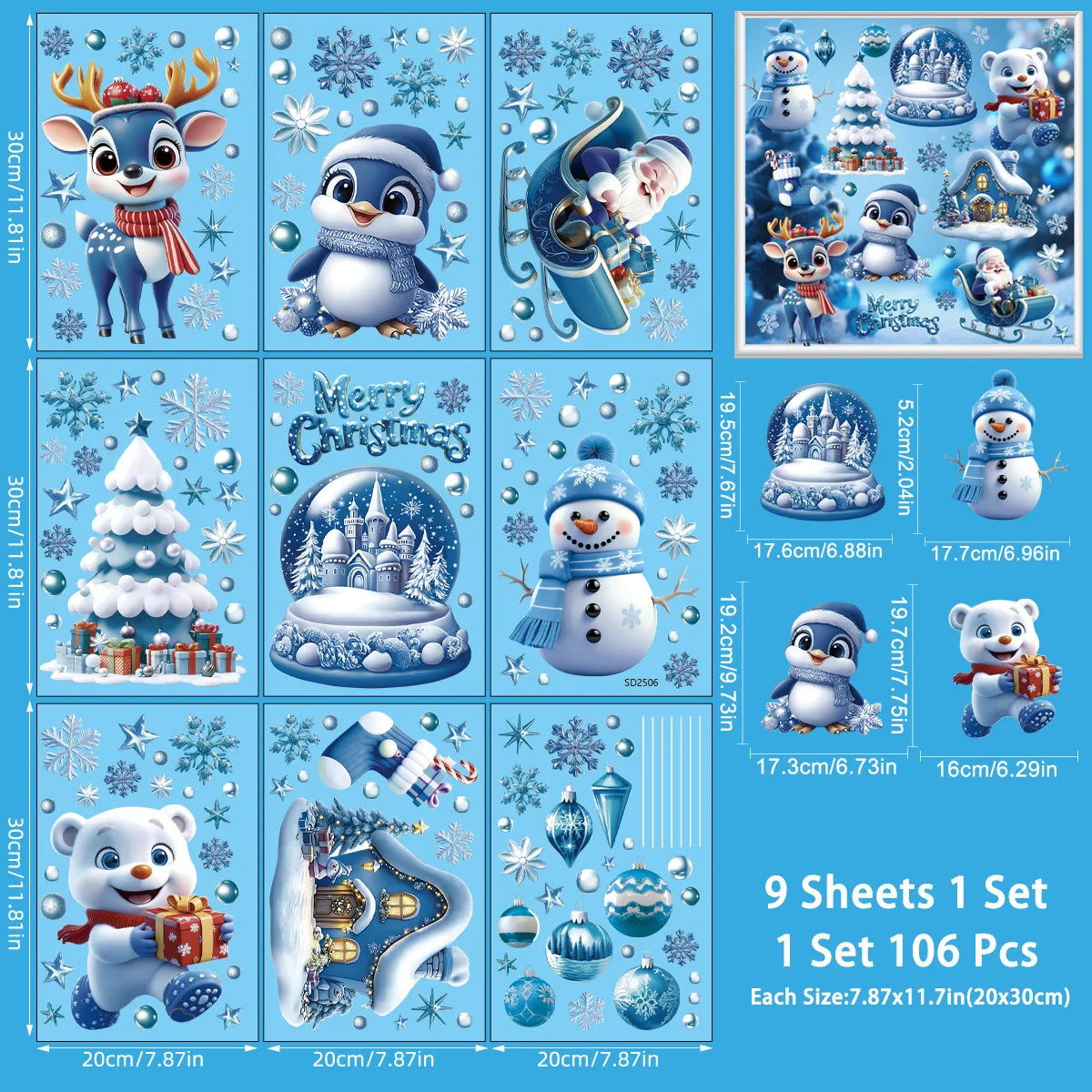 Christmas Window Stickers Blue Theme - Static Cling Snowman Snowflake Decals for Glass Doors, Shop Displays & Home Decor