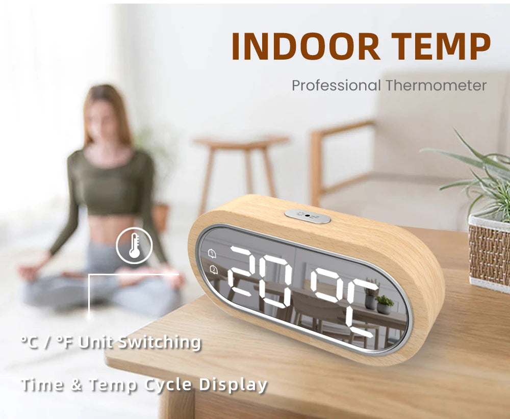 FanJu Digital Clock Alarm Snooze Table Thermometer Electronic USB charger LED Wooden Watch Living room Desk Clocks AAA Powered