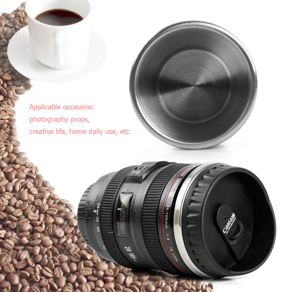 350mL Creative Telephoto Lens Shape Coffee Tea Mug with Lid Stainless Steel