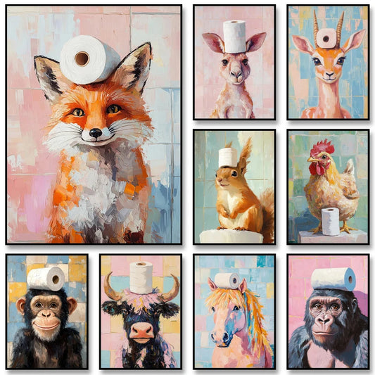 Toilet Paper Animal Posters Panda Highland Cattle Canvas Painting Print Modern Wall Art Picture for Bathroom Home Decoration