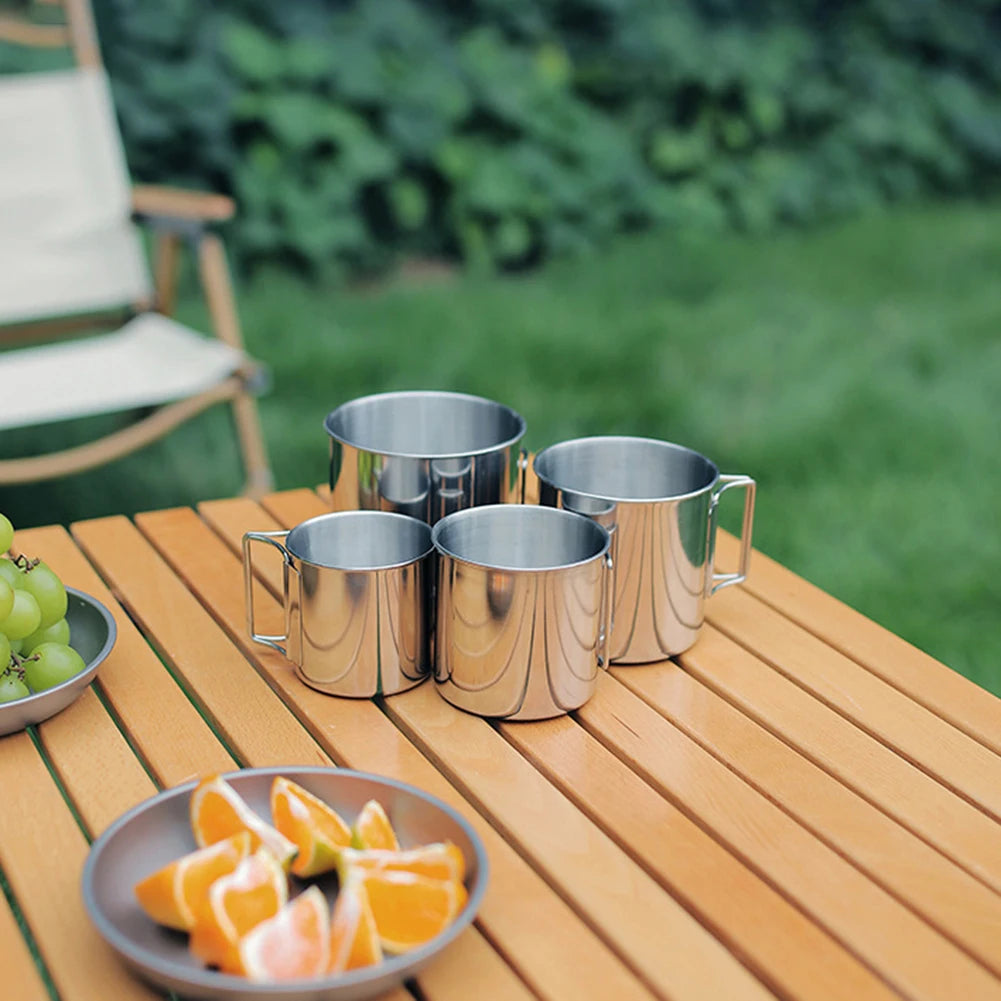 Camping Water Cup with Foldable Handle Tea Beer Coffee Mug Stainless Steel Portable Camping Cup for Outdoor Use
