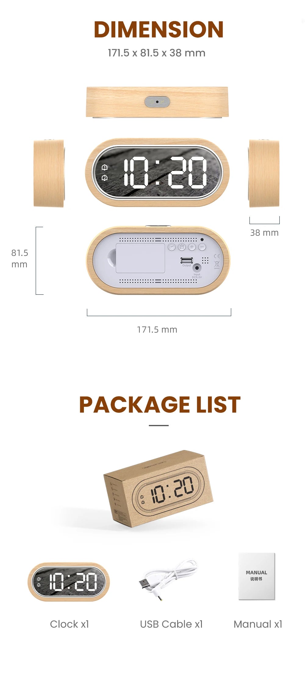 FanJu Digital Clock Alarm Snooze Table Thermometer Electronic USB charger LED Wooden Watch Living room Desk Clocks AAA Powered