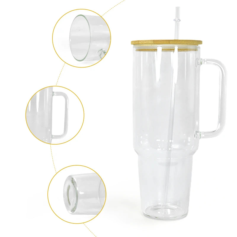 12pcs 40oz Clear Glass Sublimation Coffee Tumbler Travel Glass Mug With Handle Hu