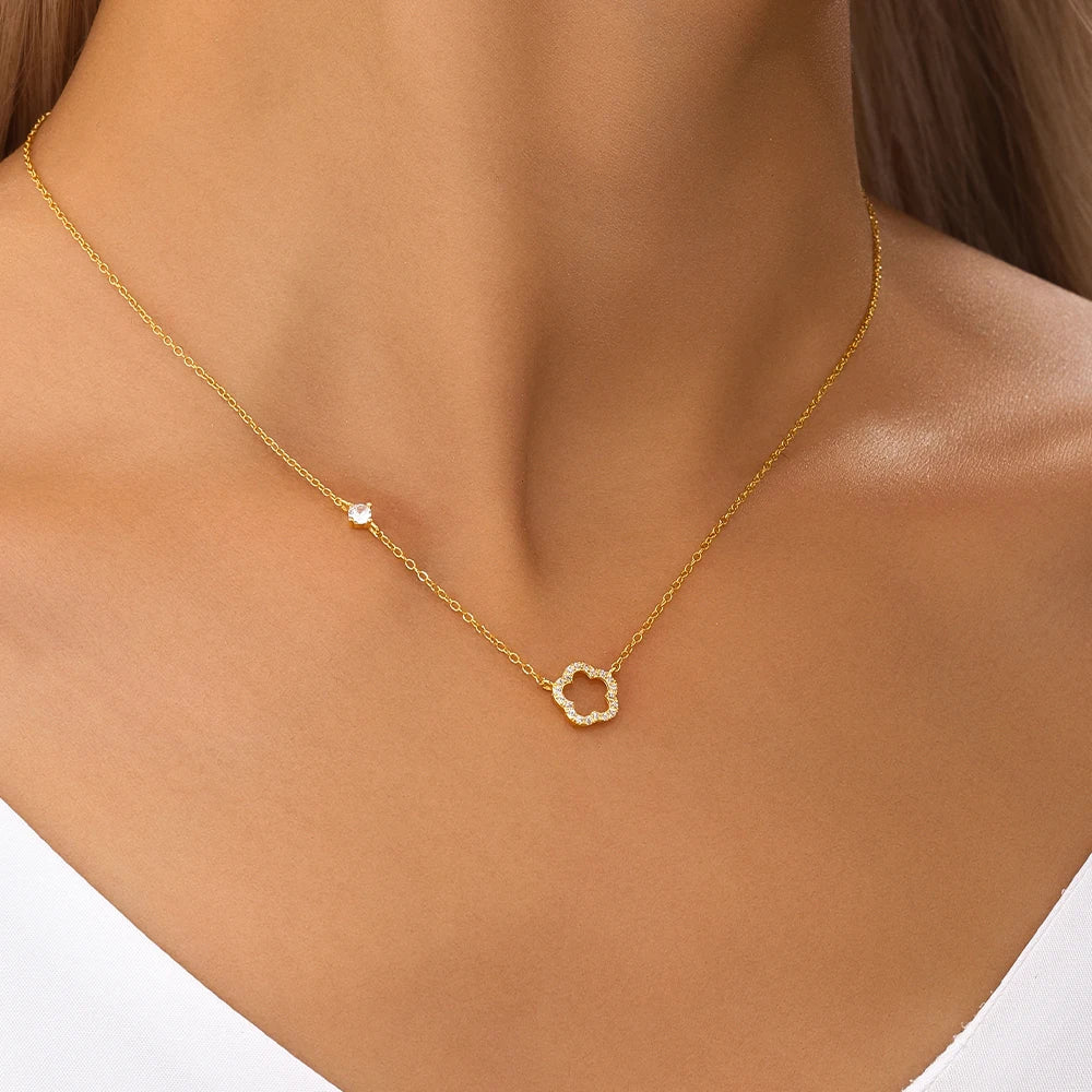 LENNIK 100% 925 Sterling Silver Women necklace plated with Exquisite five petal flower hollowed out white shell zircon plata 925