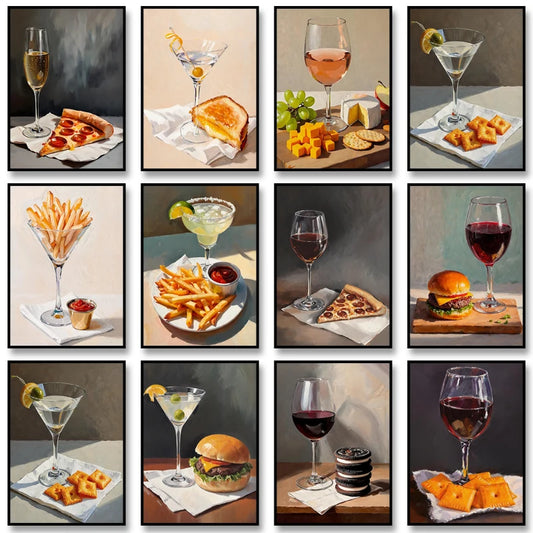 Funny Statement Piece Modern Still Life Poster Red Wine Pizza Crackers Art Print Food Wall Art Picture for Kitchen Home Decor