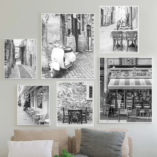 Black and White France Paris Outdoor Cafe Prints Vintage Photography Poster Sidewalk Coffee Shop Art Canvas Painting Home Decor