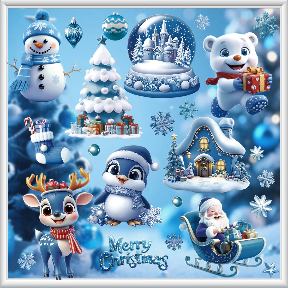 Christmas Window Stickers Blue Theme - Static Cling Snowman Snowflake Decals for Glass Doors, Shop Displays & Home Decor