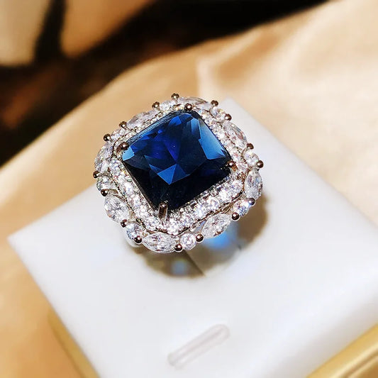 925 Silver New Luxury Set Princess Square Diamond Opening Ring Women's Fashion Tanzanite Sapphire Engagement Ring