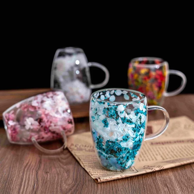4 pieces of aesthetic dried flower double-layer glass coffee cups, cute tea cups with handles, heat-resistant and durable