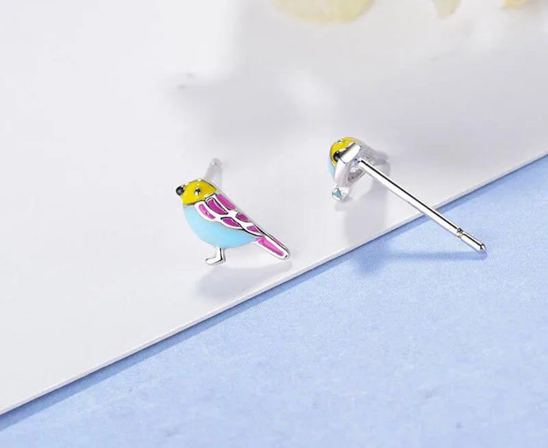 Cute 925 Sterling Silver Colorful Bird Stud Earrings For Kids Children Girl Lovely Animal Sterling-silver-jewelry
