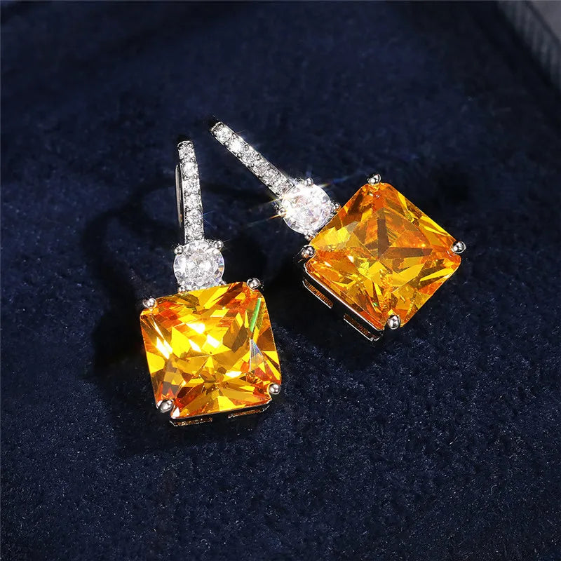 925 Sterling Silver Yellow Cubic Zirconia Dangle Earrings Women Wedding Ceremony Party Bridal Accessories Trend Jewelry