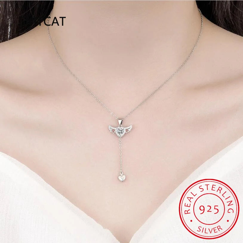 Genuine 925 Sterling Silver Love Tassels Necklace Fine Jewelry Double Angel Wings Heart Zirconia Pendant Necklace Holiday Sale