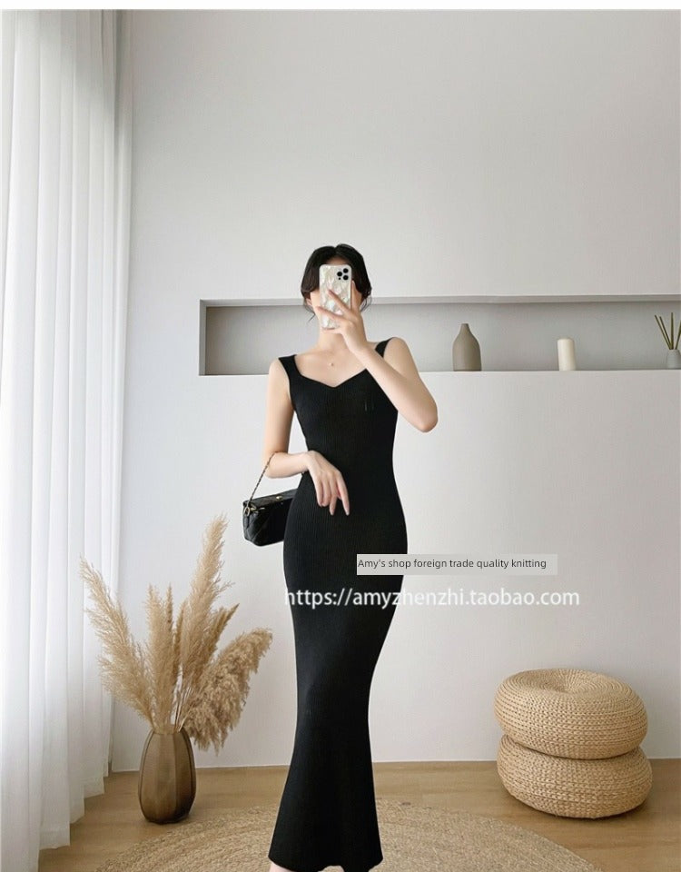 Autumn and Winter V-neck Slim-Fit Sleeveless Sling Fishtail Dress Sweater