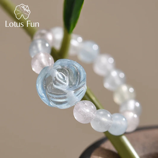 Lotus Fun Natural Stone Aquamarine Crystal Round Beads Rose Flower Extendable Rings for Women High Quality Wedding Fine Jewelry