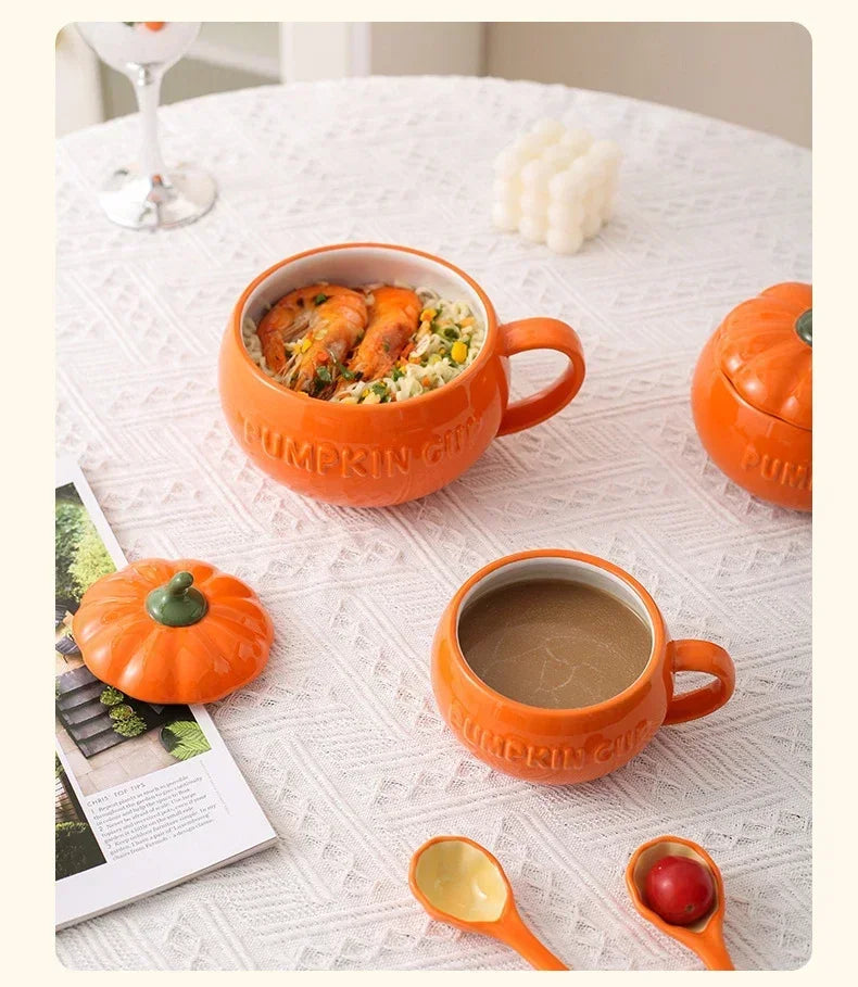 Pumpkin Mug Ceramic with Lid with Spoon Coffee Cups Milk Tea Breakfast Creative Handle Design Gift Drinkware Kitchen Halloween