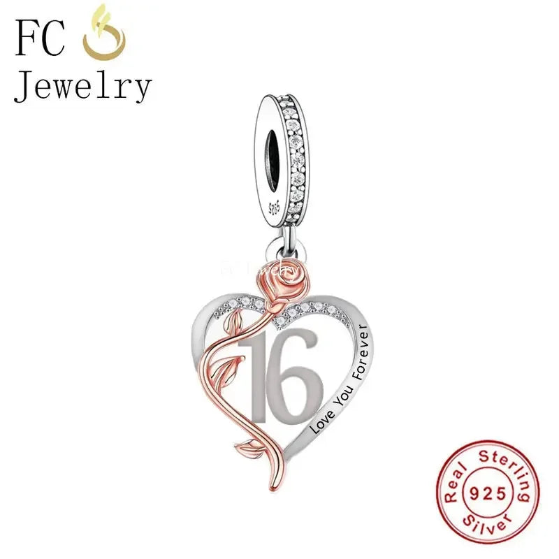 FC Jewelry Fit Original Charm Bracelet 925 Silver 18th 30th 40th Birthday Number Rose Flower Bead For Making Daughter Berloque