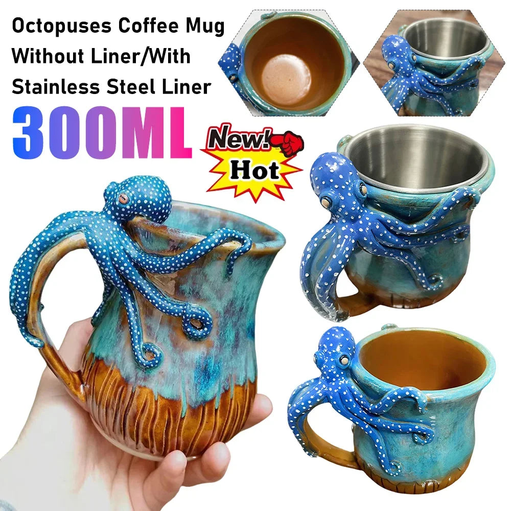 New Deep Blue Octopus Mug Handmade Statue Sea Animal Mug With Handle Novelty Coffee Milk Tea Juice Hot and Cold Drinkware Cup