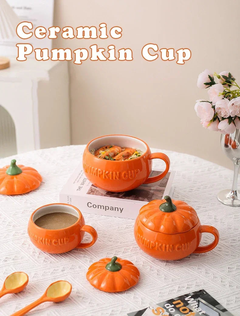 Pumpkin Mug Ceramic with Lid with Spoon Coffee Cups Milk Tea Breakfast Creative Handle Design Gift Drinkware Kitchen Halloween