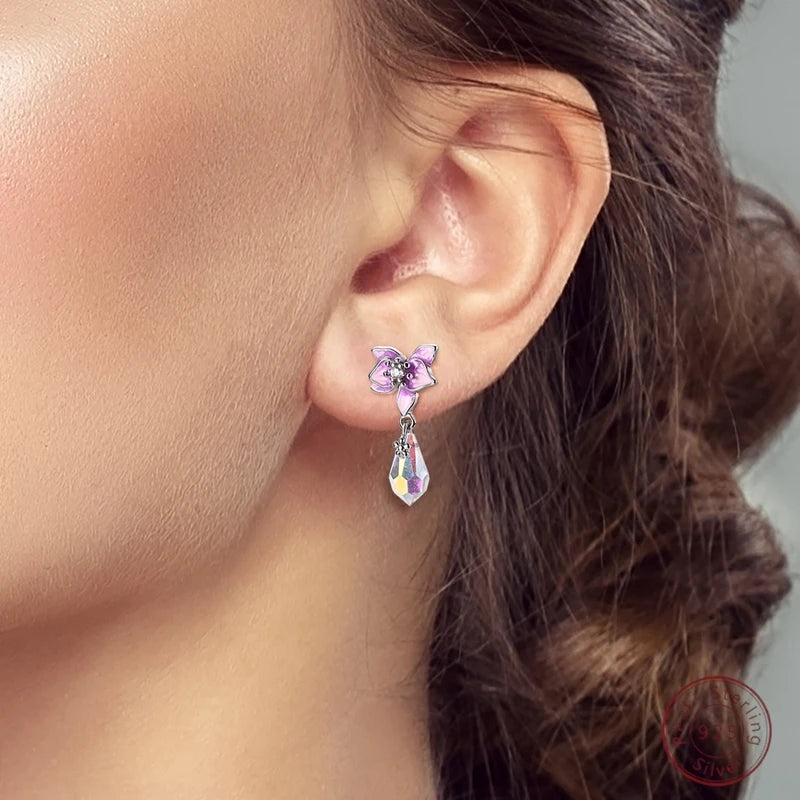 New 925 Sterling Silver Earrings Pendant Simple Shiny Flower Pearl Zircon Wedding Women Jewelry Gift