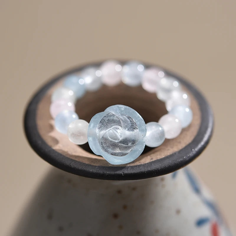 Lotus Fun Natural Stone Aquamarine Crystal Round Beads Rose Flower Extendable Rings for Women High Quality Wedding Fine Jewelry