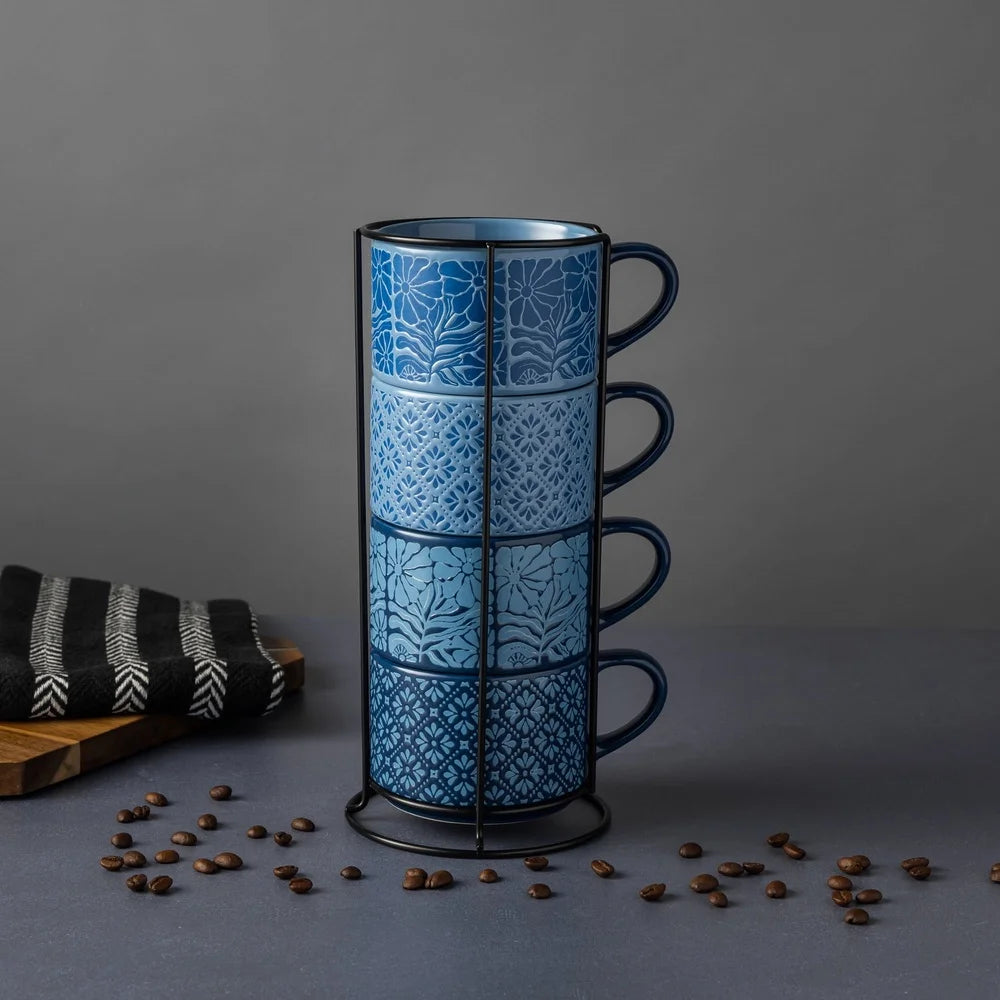 4 Pack Stackable Mugs Floral Geometric Patterns Stoneware Dishwasher Microwave Safe Coffee Tea Drinkware Space Saving Kitchen