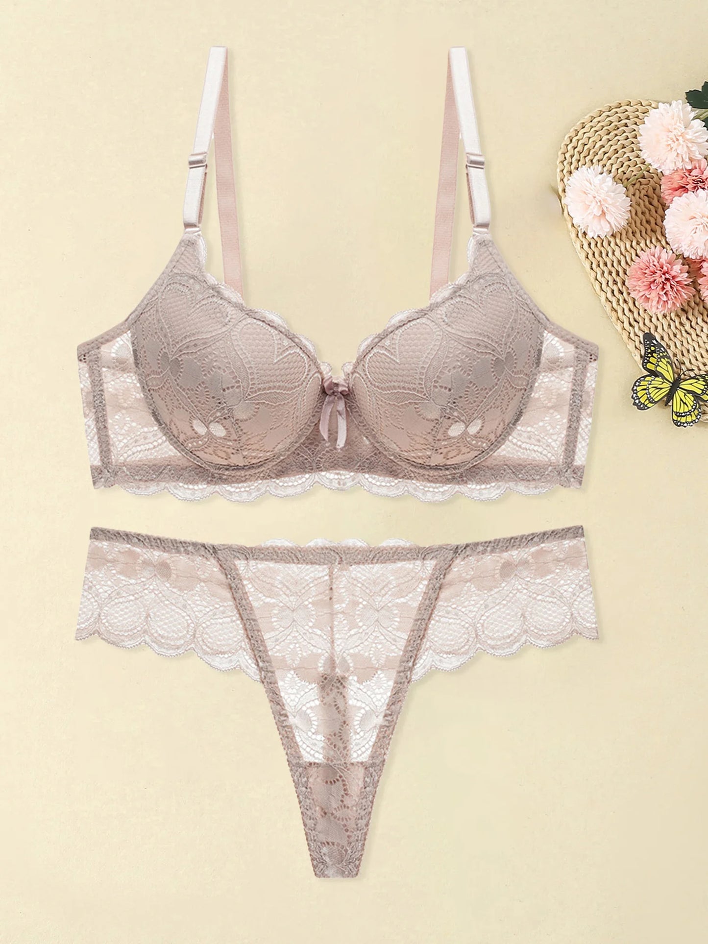 Women s Floral Lace Lingerie Set Sheer Mesh Seductive Babydoll Push up Bra and Panty 2 Pcs Set with Garter Belt