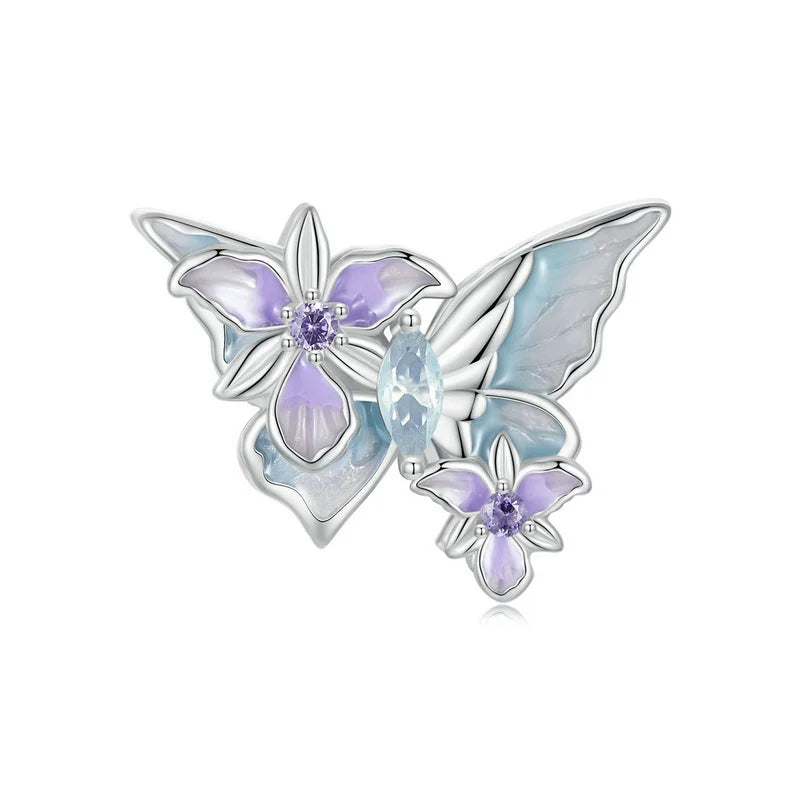 Bamoer 100% 925 Sterling Silver Romantic Crystal Butterfly Iris Charm For Women Fit Bracelet DIY Necklace Fine Jewelry Gift