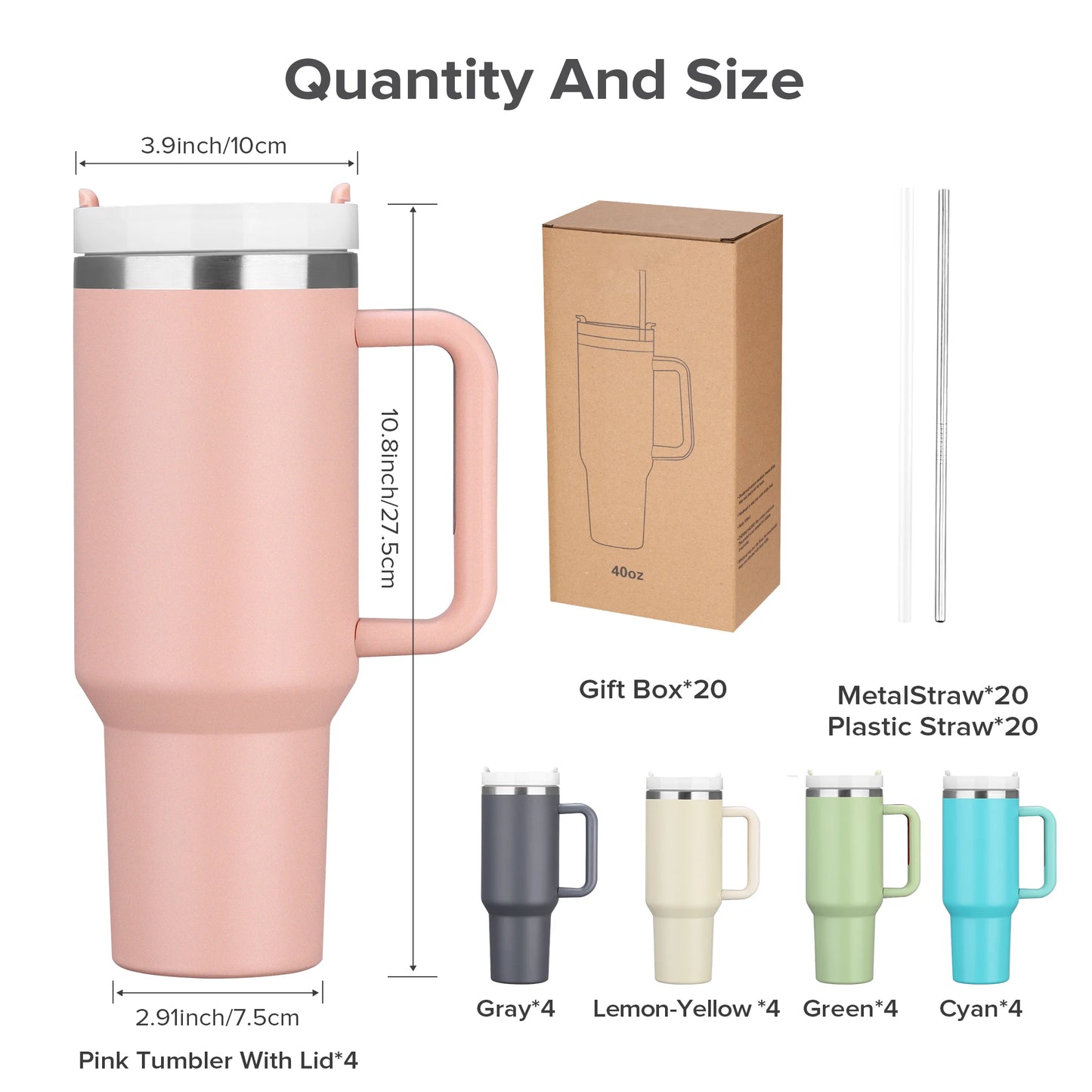 20 Pack 40 Oz Tumbler Stainless Steel Vacuum Insulation Keep Hot and Cold,Reusable Double Wall Travel Coffee Mug,Outdoor Travel