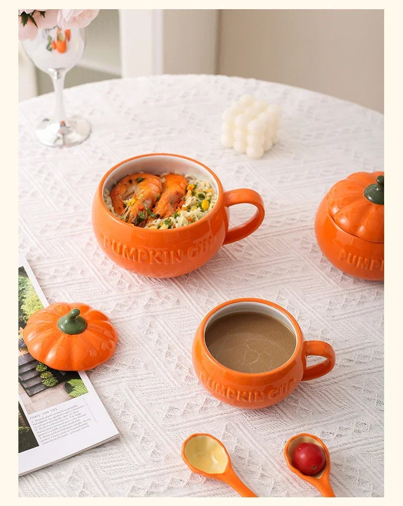 Pumpkin Mug Ceramic with Lid with Spoon Coffee Cups Milk Tea Breakfast Creative Handle Design Gift Drinkware Kitchen Halloween