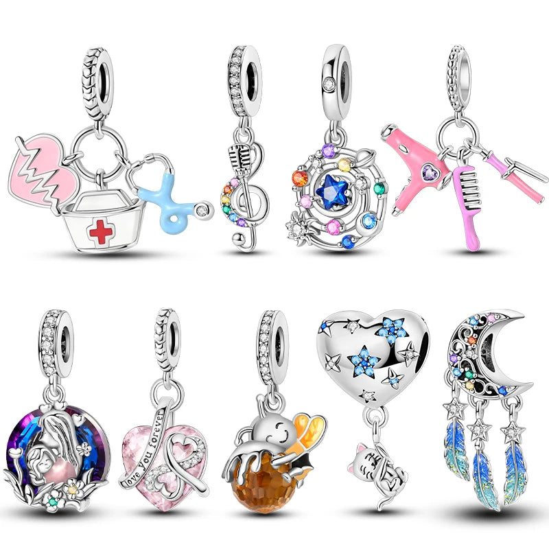 Original Charms 925 Silver Plated Bee Moon Star Pendant Fit Bracelet Making For Woman Fashion Jewelry