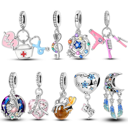 Original Charms 925 Silver Plated Bee Moon Star Pendant Fit Bracelet Making For Woman Fashion Jewelry