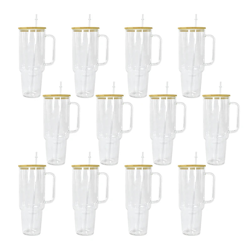 12pcs 40oz Clear Glass Sublimation Coffee Tumbler Travel Glass Mug With Handle Hu