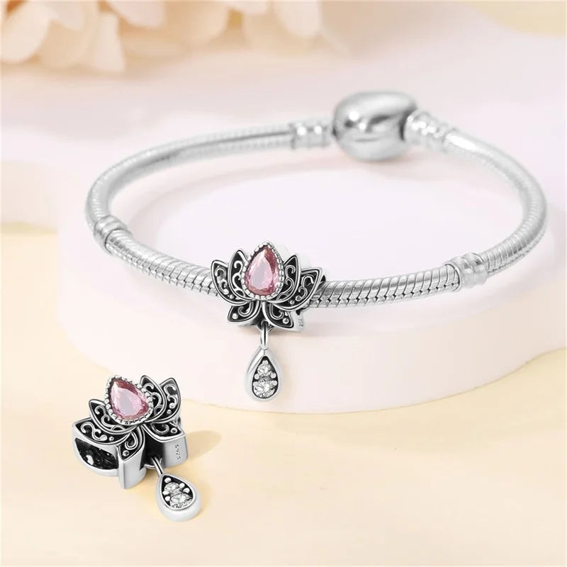 Hot Sale 925 Silver Retro Heart Shape Lotus Angel Charm Beads Fit Pandach Original DIY Bracelets Birthday Gifts Fine Jewelry