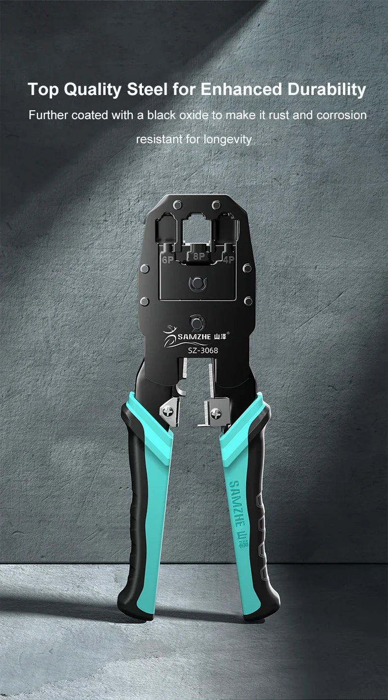 SAMZHE RJ45 Crimp Plier Pass Through Crimper Stripper Cutter for Cat7 Cat6 Cat5e 8P8C Modular Connector Ethernet Wire Tool