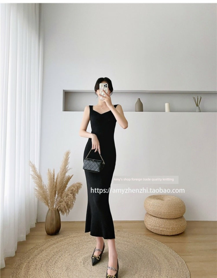 Autumn and Winter V-neck Slim-Fit Sleeveless Sling Fishtail Dress Sweater