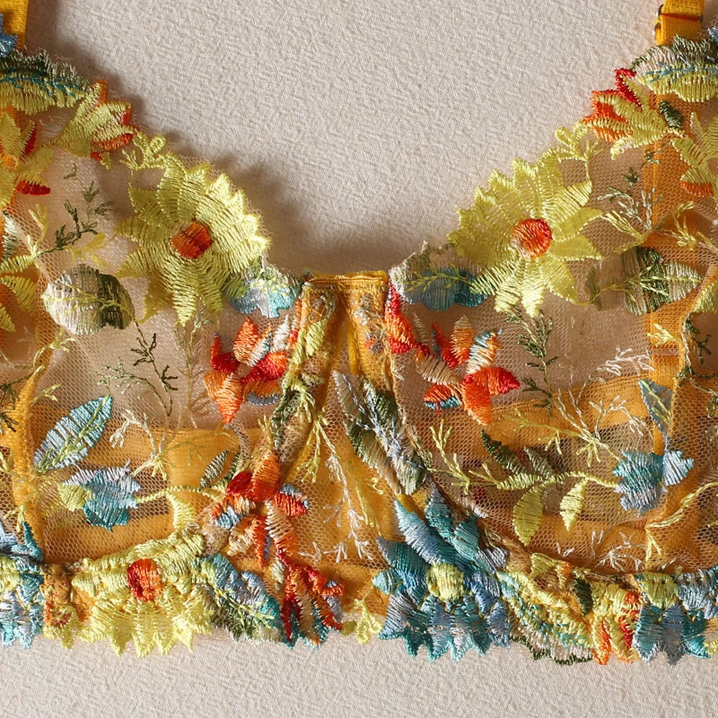 Women's Perspective Fun Underwear Sexy Embroidery Yellow Flower Bra With Steel Ring See Through Sexy Lingerie For Fine Women