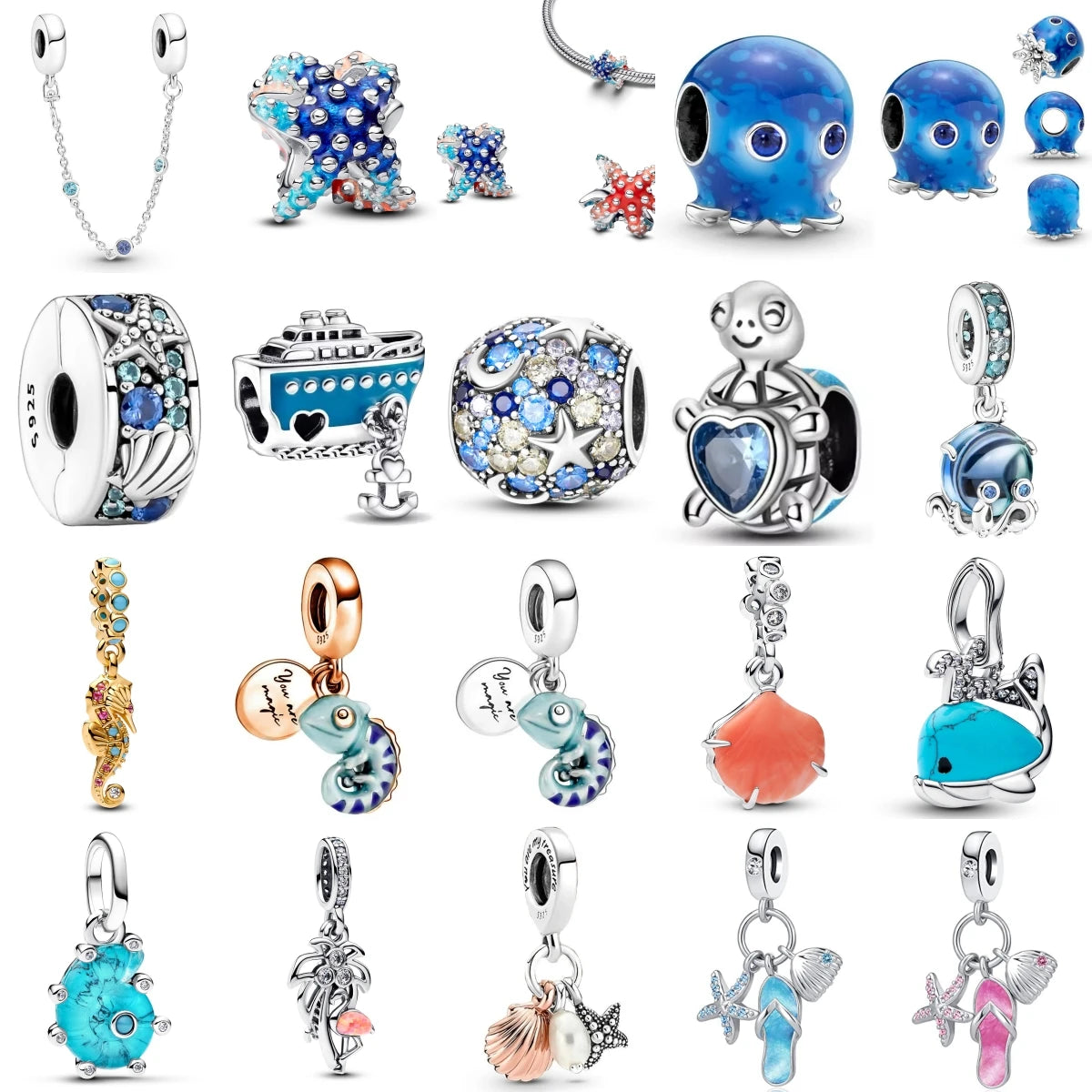 New 925 Silver Summer Ocean Series Starfish Turtle Octopus Cetacean Pendant Fit European Bracelets DIY Accessories Gifts