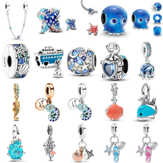 New 925 Silver Summer Ocean Series Starfish Turtle Octopus Cetacean Pendant Fit European Bracelets DIY Accessories Gifts