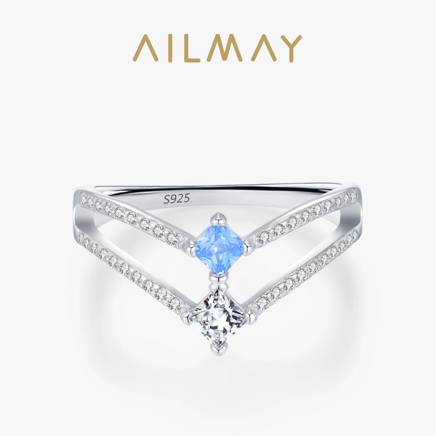 Ailmay 925 Sterling Silver Double-Layer Water Droplet Shaped Blue & White Zircon Ring For Women Personality Gift Party Jewelry