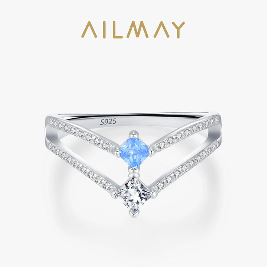 Ailmay 925 Sterling Silver Double-Layer Water Droplet Shaped Blue & White Zircon Ring For Women Personality Gift Party Jewelry