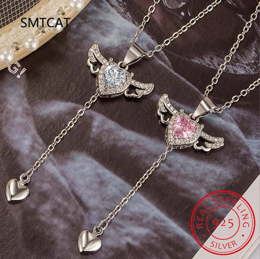 Genuine 925 Sterling Silver Love Tassels Necklace Fine Jewelry Double Angel Wings Heart Zirconia Pendant Necklace Holiday Sale