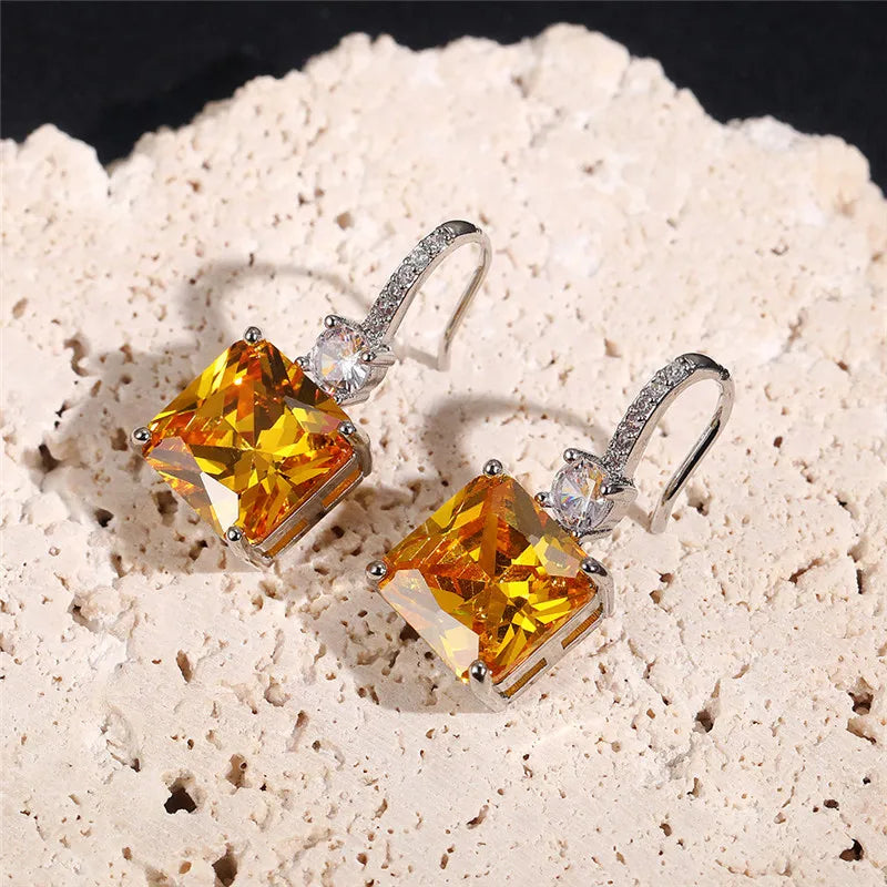 925 Sterling Silver Yellow Cubic Zirconia Dangle Earrings Women Wedding Ceremony Party Bridal Accessories Trend Jewelry
