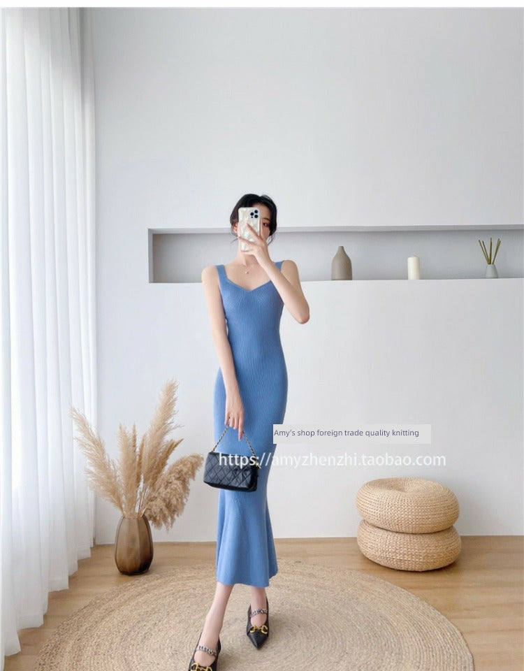 Autumn and Winter V-neck Slim-Fit Sleeveless Sling Fishtail Dress Sweater