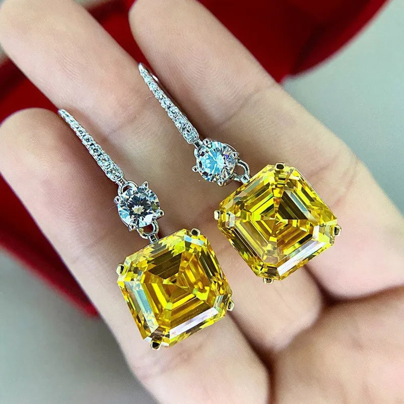 925 Sterling Silver Yellow Cubic Zirconia Dangle Earrings Women Wedding Ceremony Party Bridal Accessories Trend Jewelry
