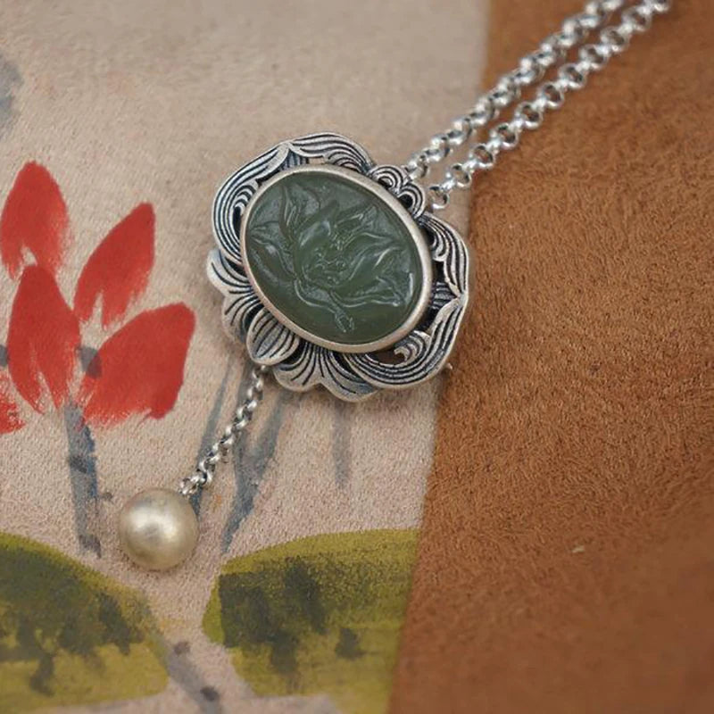Original designer craftsmanship natural Hetian jasper pendant brooch Chinese style retro unique charm brand silver jewelry