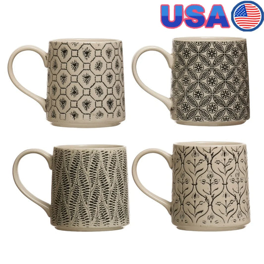 Set of 4 Artistic Stoneware Mugs Hand-Stamped Intricate Embossed Pattern