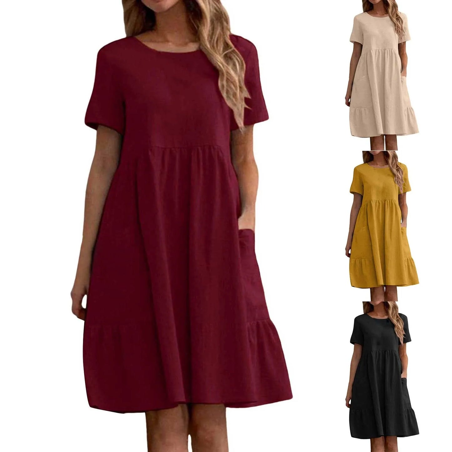 Evening Dresses Outfits Women Fashion Solid Vintage Cotton And Linen Loose Pocket Round Neck Short Sleeve